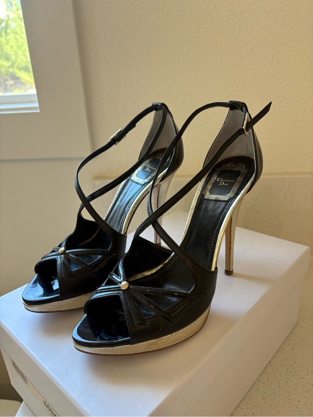 Dior Black Patent Leather Crisscross Peep-Toe Heels with Gold Accents